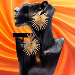 Gold Sunburst Statement Drop Earrings Large Fan Burst Textured Gold Tone